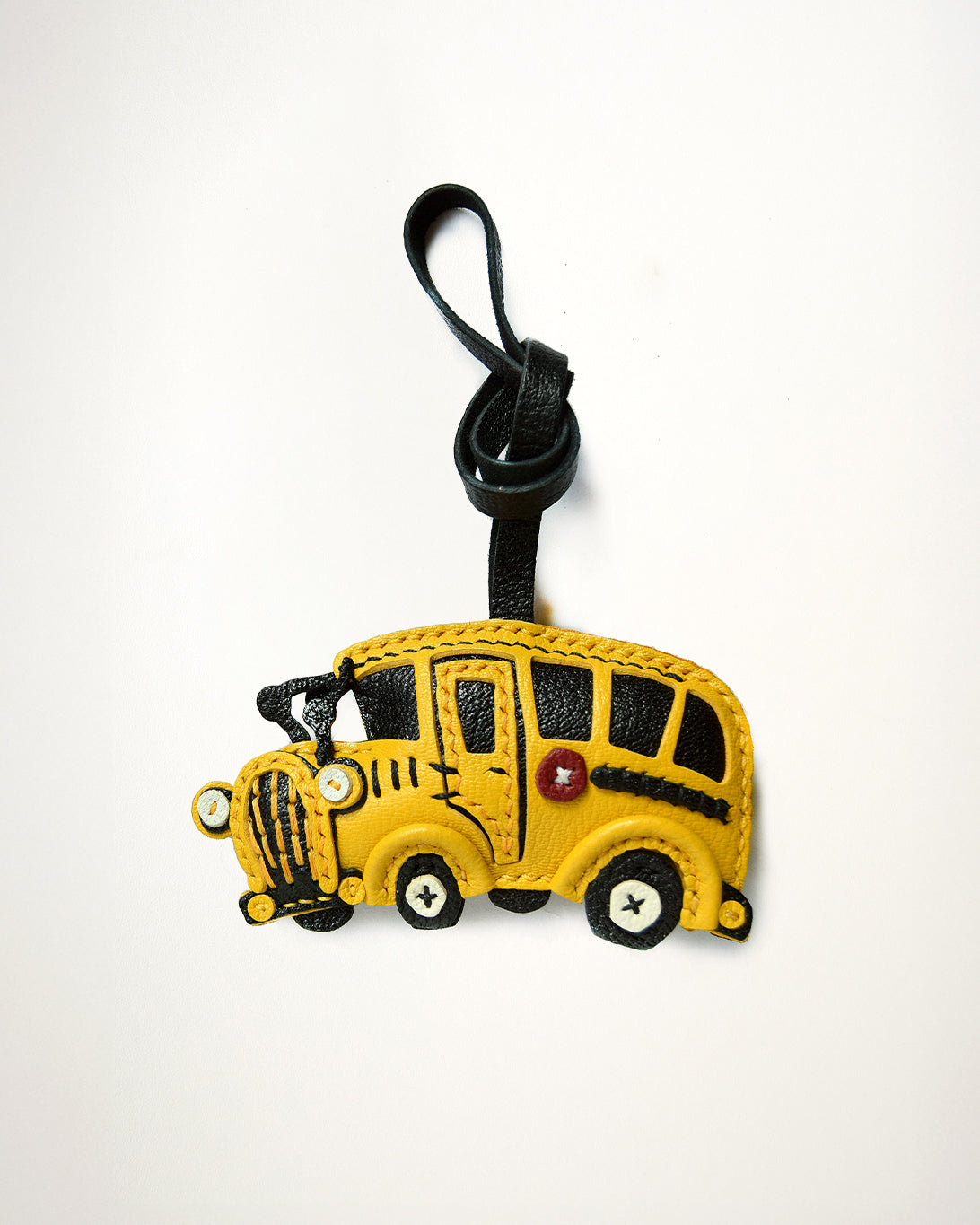 Mochi Manner handmade full-grain leather – sheep skin school bus bag charm in yellow and black with gold-plated hardware